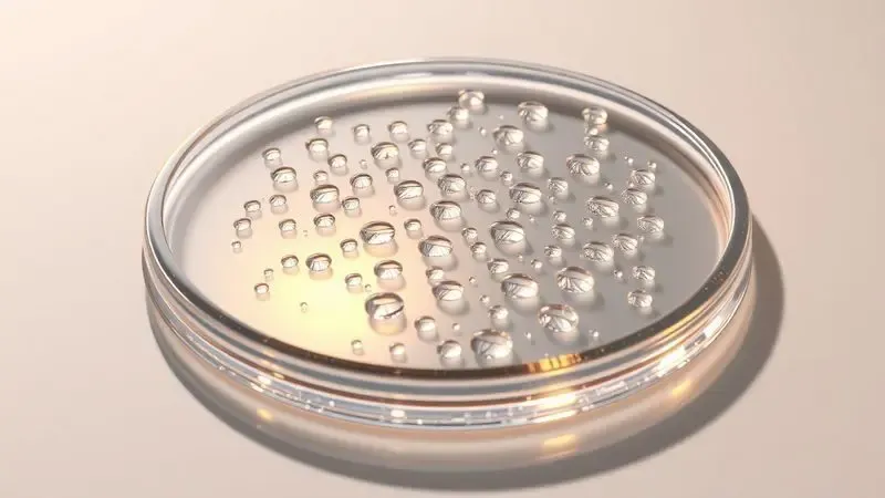 Superfície de vidro cristalina e limpa com gotas de água brilhantes sob iluminação quente e dourada.