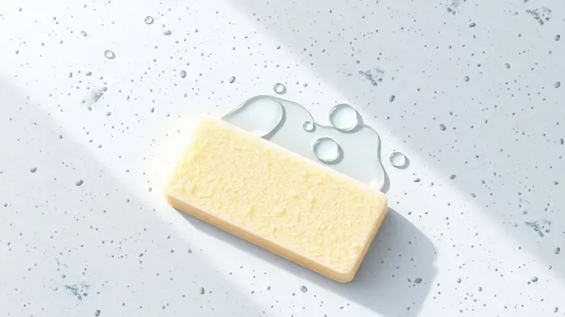 Ilustração minimalista de limpeza delicada de uma panela com revestimento de granito usando água e esponja macia.