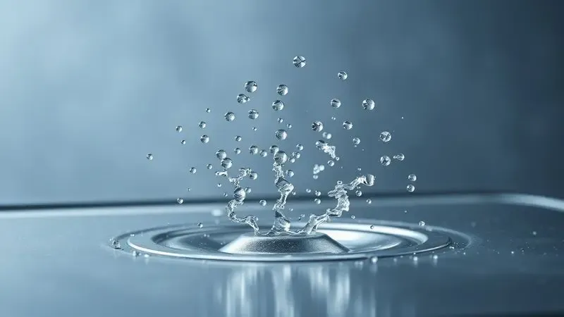 Representação artística do efeito Leidenfrost com gotas de água flutuando sobre a superfície de uma panela de inox aquecida.