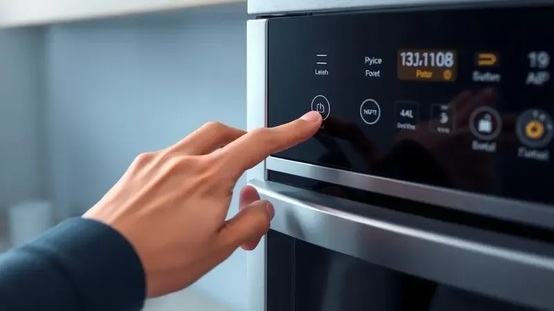 Ilustração de uma mão ajustando as configurações em um painel digital intuitivo de eletrodoméstico de cozinha.