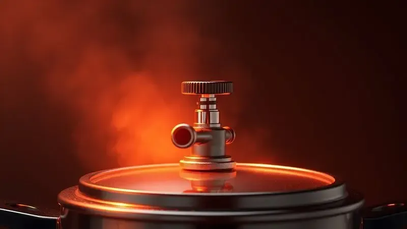 Cena 3D conceitual mostrando a inspeção cuidadosa de uma tampa de panela de pressão para manutenção e reparo.