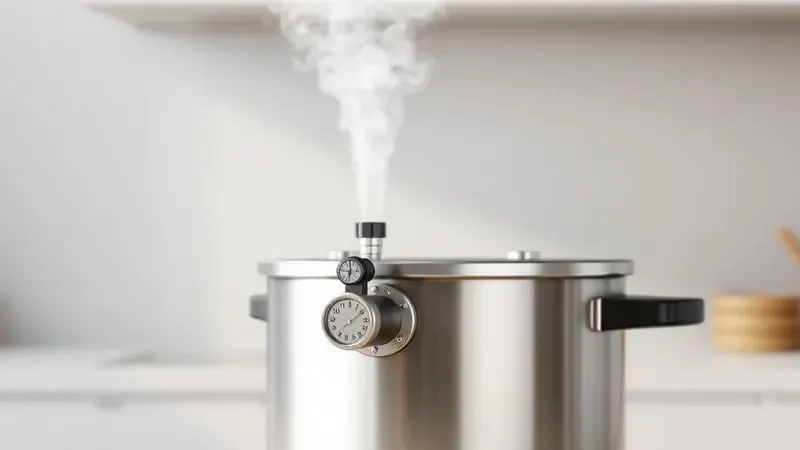 Representação artística de vapor saindo de forma controlada pela válvula de uma panela de pressão em ambiente seguro.