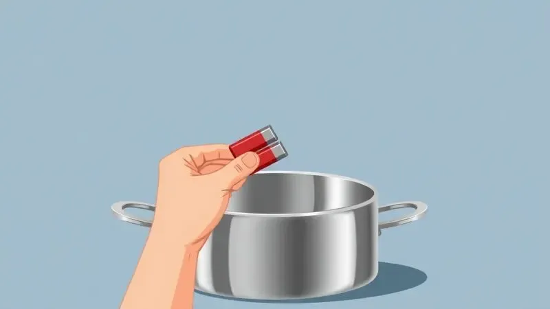 Demonstração artística de um ímã sendo aproximado do fundo de uma panela para testar a compatibilidade magnética com fogões de indução.
