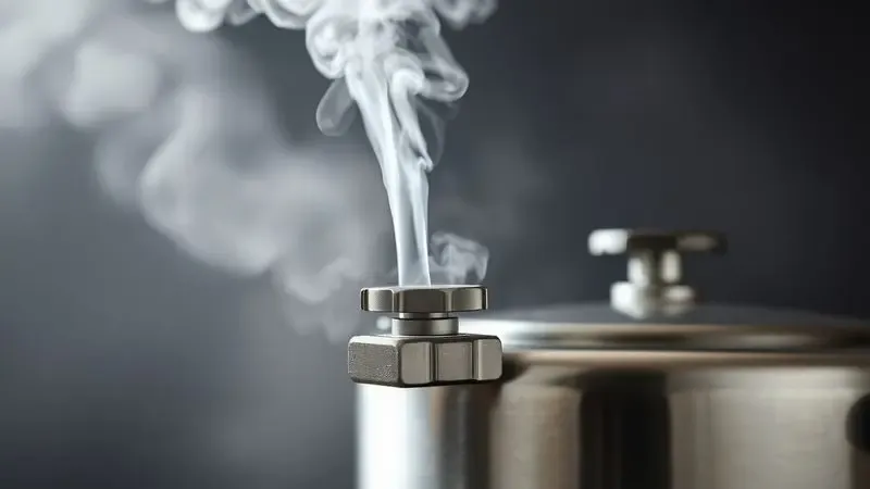 Ilustração digital artística de vapor saindo suavemente de uma válvula de panela de pressão em um ambiente seguro.