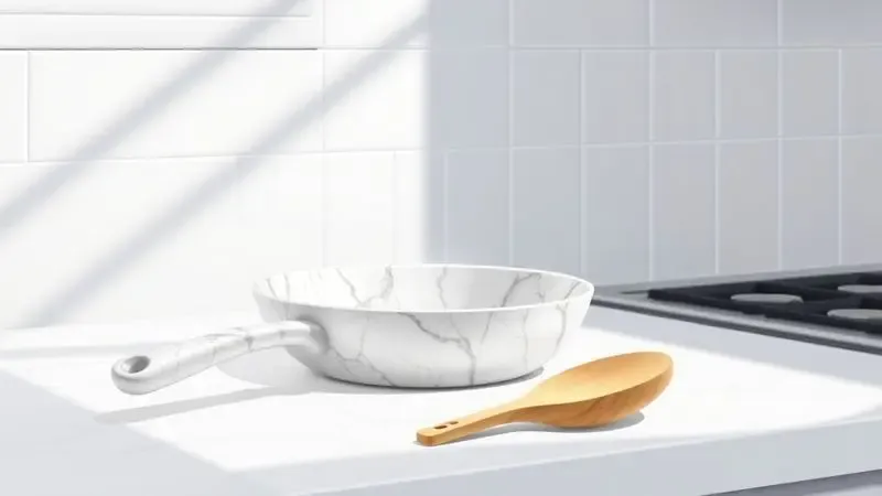 Panela com acabamento marble sobre balcão de cozinha minimalista com utensílio de madeira para evitar danos.