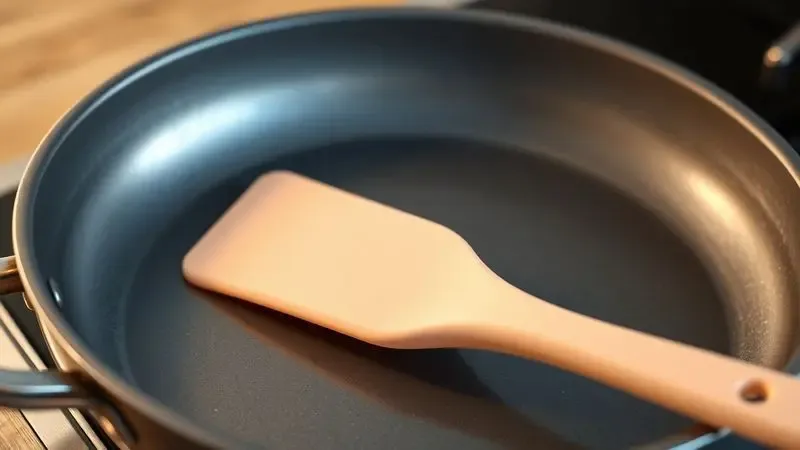 Utensílio de silicone ao lado de panela antiaderente, simbolizando os cuidados necessários para evitar riscos no revestimento.