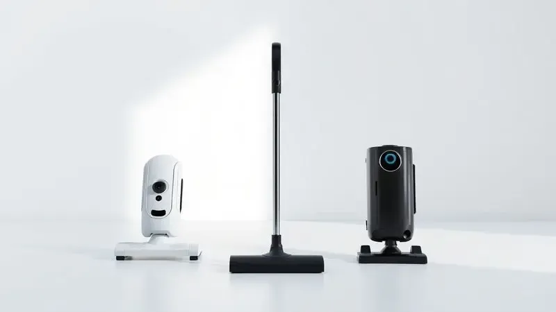 Comparação conceitual entre diferentes modelos de robôs aspiradores industriais em um ambiente minimalista.