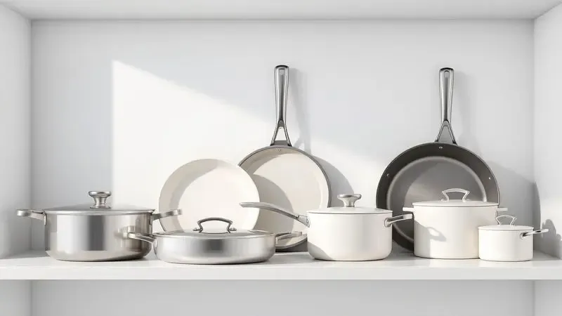 Composição artística de diferentes estilos de panelas modernas em uma prateleira minimalista.