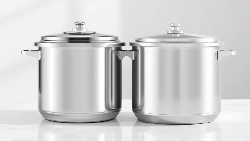Representação visual de duas panelas, uma com brilho metálico de inox e outra com acabamento fosco de alumínio.