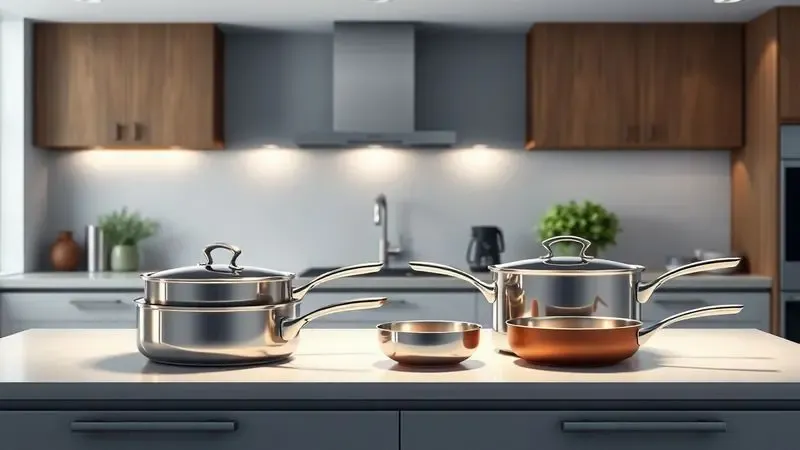 Comparação visual entre dois estilos diferentes de conjuntos de panelas premium em uma bancada de cozinha moderna.