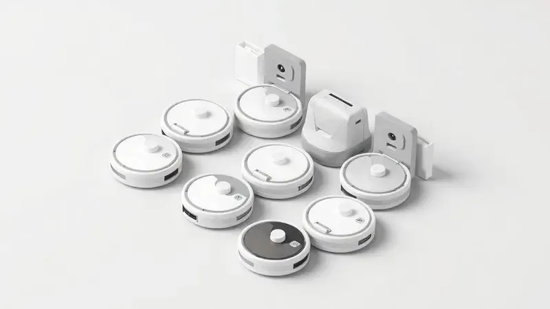 Representação 3D de diferentes modelos abstratos de aspiradores robôs para comparação de funcionalidade e design.