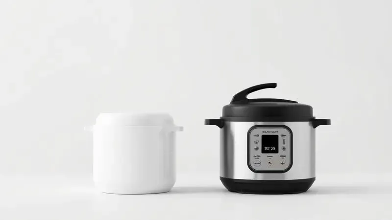 Silhuetas de duas panelas de pressão elétricas de tamanhos diferentes em um fundo neutro para comparação de modelos.