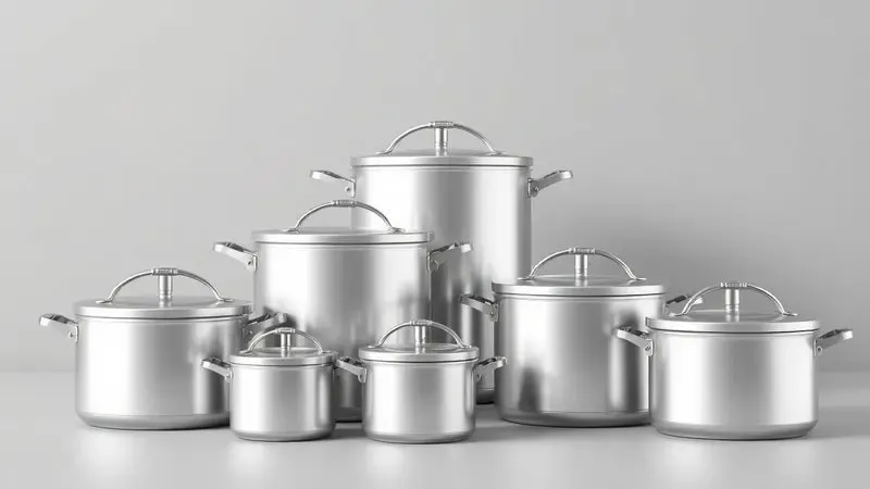 Representação artística de diferentes modelos e tamanhos de panelas de pressão em alumínio em um ambiente minimalista.