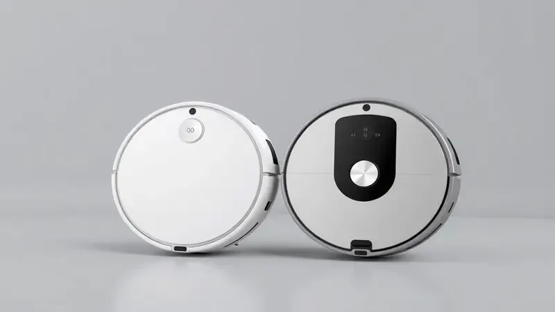 Representação 3D de dois modelos diferentes de robôs aspiradores para comparação de design.