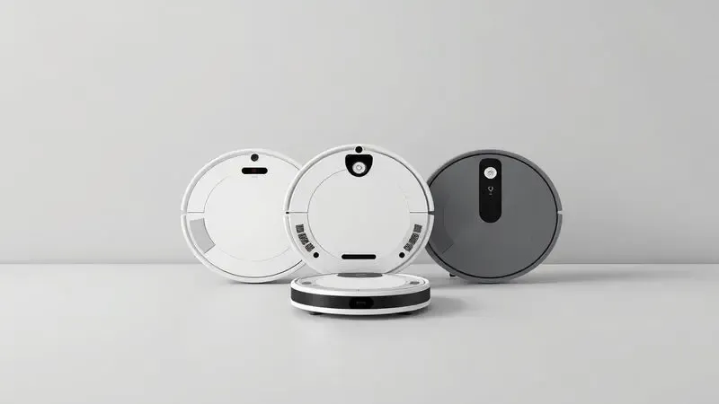 Diferentes silhuetas e designs de robôs aspiradores genéricos dispostos em um fundo neutro para comparação.