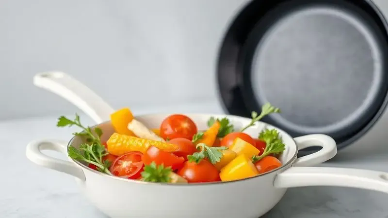Comparação conceitual entre o cozimento saudável em cerâmica e panelas tradicionais em uma cozinha moderna.