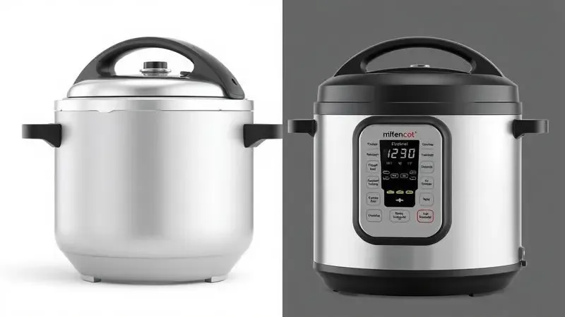 Comparativo visual entre panela de pressão elétrica e tradicional em um ambiente de cozinha minimalista e moderno.