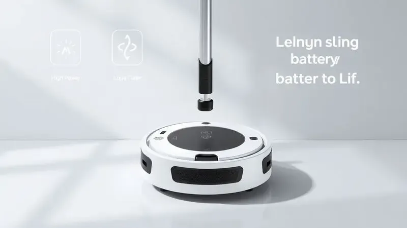 Ilustração técnica mostrando a eficiência de sucção e os componentes de bateria de um robô aspirador inteligente.