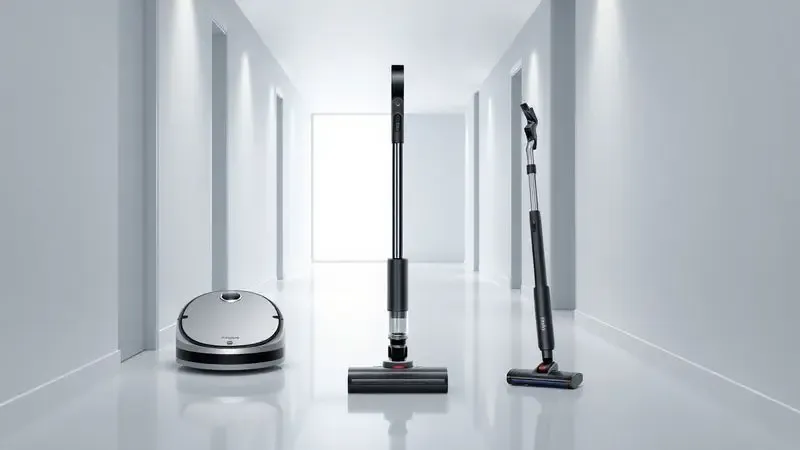 Comparativo visual entre um robô aspirador circular e um aspirador de pó vertical sem fio em um corredor minimalista.