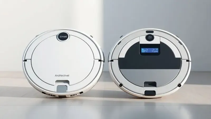 Comparação visual entre dois modelos de robôs aspiradores genéricos com diferentes designs e sensores em ambiente limpo.