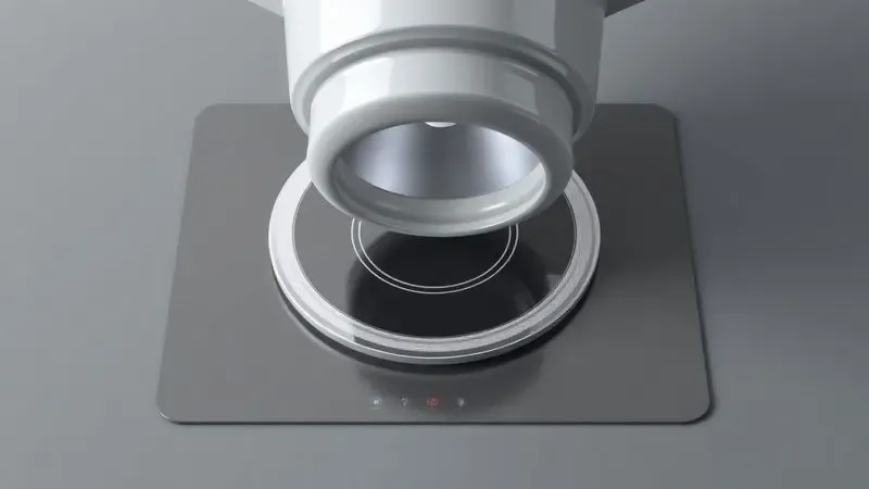 Renderização 3D de uma panela de cerâmica sendo posicionada sobre uma superfície de fogão de indução moderno.