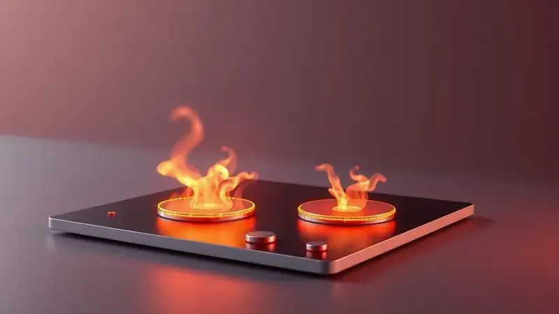 Ilustração 3D conceitual de um fogão moderno demonstrando compatibilidade de calor para panelas.
