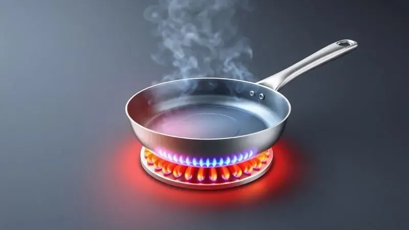Representação gráfica de uma base de panela de cerâmica em contato com diferentes fontes de calor, como indução e chama de gás.