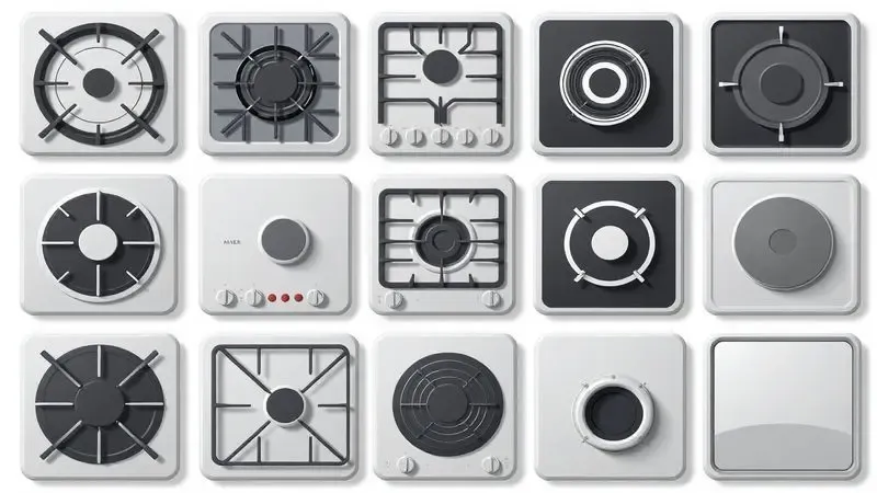 Ilustração conceitual representando diferentes tipos de queimadores de fogão para demonstrar compatibilidade de utensílios.