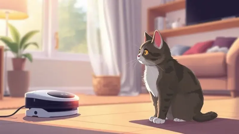 Ilustração digital de um gato observando curiosamente um robô aspirador silencioso em uma sala de estar aconchegante.