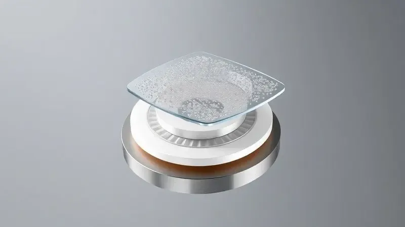 Ilustração 3D abstrata mostrando a fusão das camadas de titânio e cerâmica em uma superfície de panela de alta tecnologia.