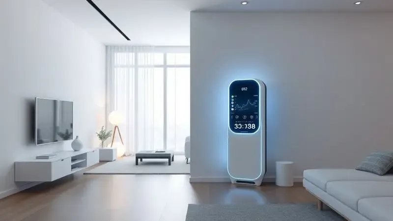 Ilustração 3D conceitual de um dispositivo inteligente de limpeza em um ambiente doméstico moderno e organizado.