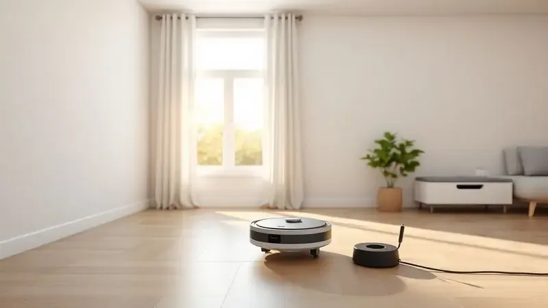 Sala de estar limpa e organizada com um robô aspirador em sua base de carregamento sob luz solar suave.