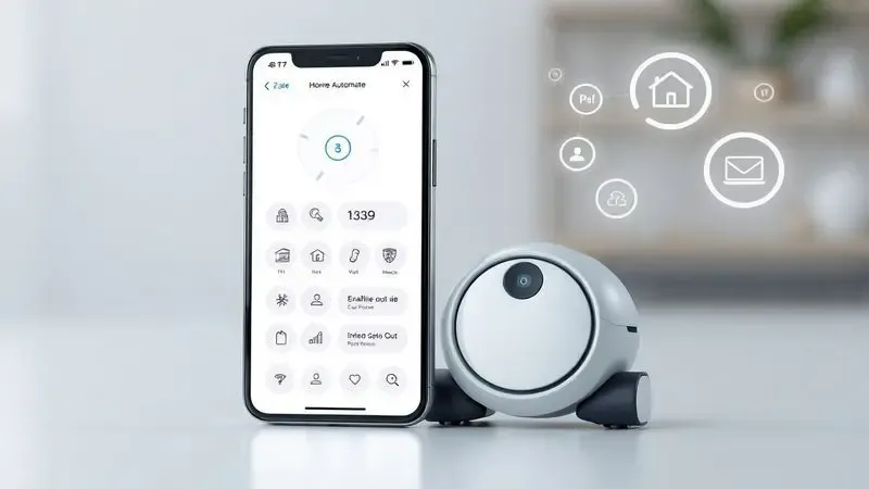 Representação digital de um smartphone com ícones de conectividade ao lado de um robô aspirador estilizado.