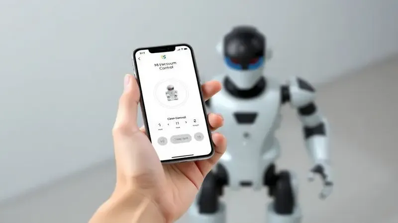 Renderização 3D de um smartphone exibindo uma interface de aplicativo minimalista para controle remoto de um robô aspirador.