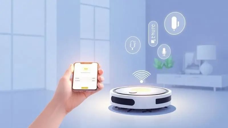 Ilustração digital de um smartphone controlando um robô aspirador através de ícones de Wi-Fi e comando de voz.