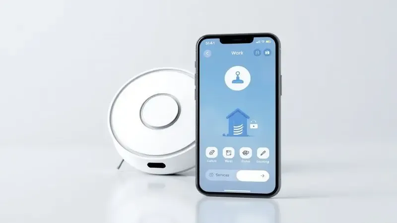 Ilustração 3D de um smartphone com interface de aplicativo de casa inteligente e um robô aspirador genérico.