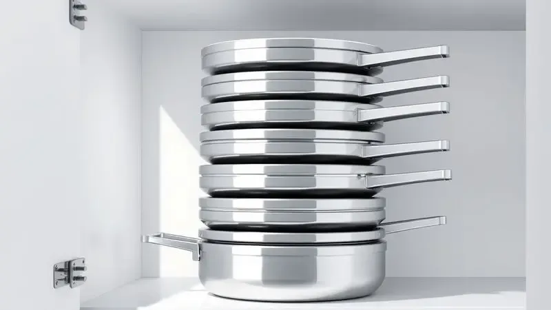 Panelas de metal brilhantes e sem marcas organizadas de forma impecável em um armário de cozinha moderno e minimalista.