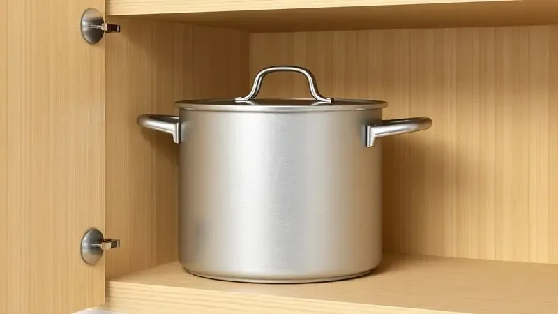 Cena organizada mostrando o armazenamento correto de uma panela de alumínio em um armário de cozinha.