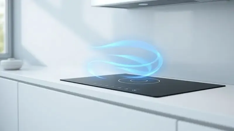 Render 3D artístico representando a eficiência energética de um fogão de indução moderno.