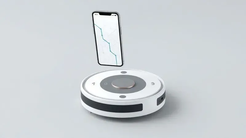 Ilustração conceitual de um smartphone exibindo um mapa de limpeza e controle de robô aspirador inteligente.