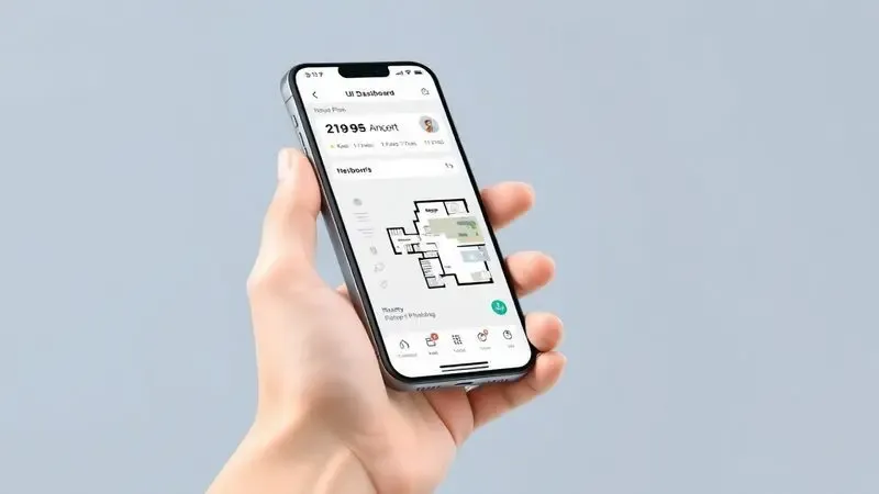 Ilustração de um smartphone exibindo um mapa de limpeza residencial em um aplicativo intuitivo de controle doméstico inteligente.