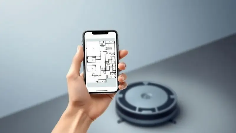 Ilustração de um smartphone exibindo o mapa de limpeza de uma casa para controle remoto de um robô aspirador.