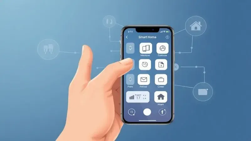 Ilustração digital de um smartphone exibindo um painel de controle de casa inteligente com ícones de comando de voz e um robô aspirador.
