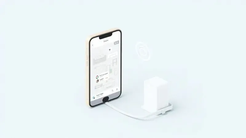 Ilustração digital de um smartphone controlando um aparelho doméstico inteligente via aplicativo, com interface de mapa estilizada.