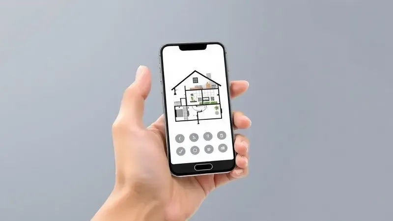 Ilustração 3D de uma mão segurando um smartphone com uma interface de controle de casa inteligente minimalista.