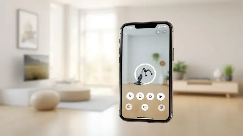 Ilustração digital de aplicativo de celular controlando robô aspirador inteligente em casa conectada.