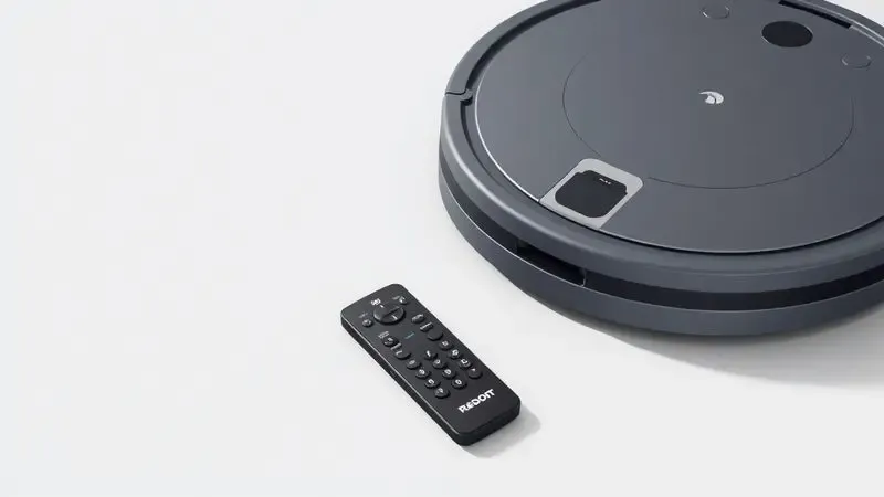 Ilustração de um controle remoto clássico ao lado de um robô aspirador, simbolizando o controle manual sem uso de aplicativos.