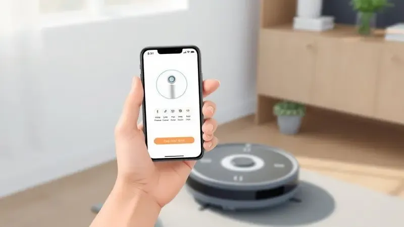 Ilustração de uma mão segurando um smartphone com interface de aplicativo para controlar um robô aspirador em uma sala.