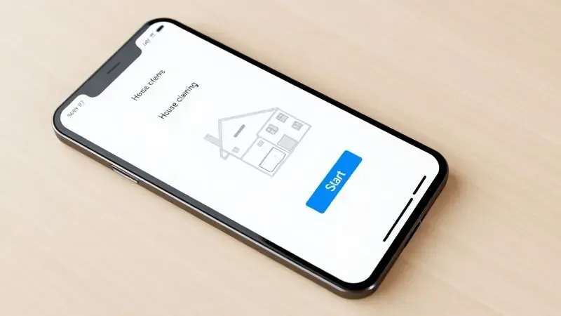 Renderização em 3D de um smartphone exibindo um aplicativo de controle de limpeza residencial com interface minimalista.