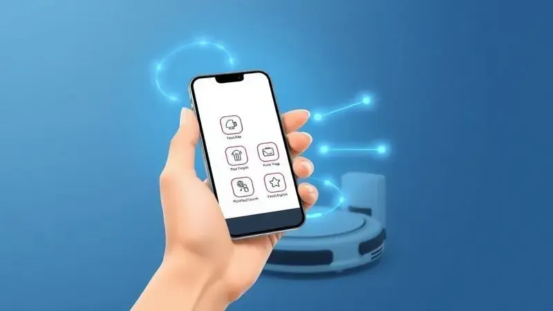 Ilustração conceitual de um aplicativo de smartphone controlando as funções de um robô aspirador inteligente.